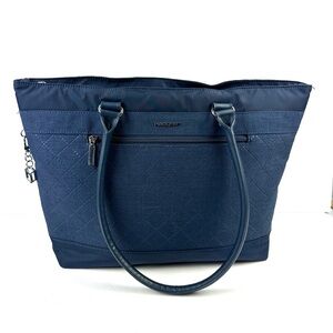 Hedgren Zircon Tote Bag Blue Canvas Padded Travel Handbag No Long Strap